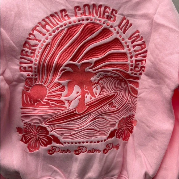 Pink Palm Puff Hoodie Everything Comes In Waves Women Pink Pull Over Hoodie - Picture 2 of 8